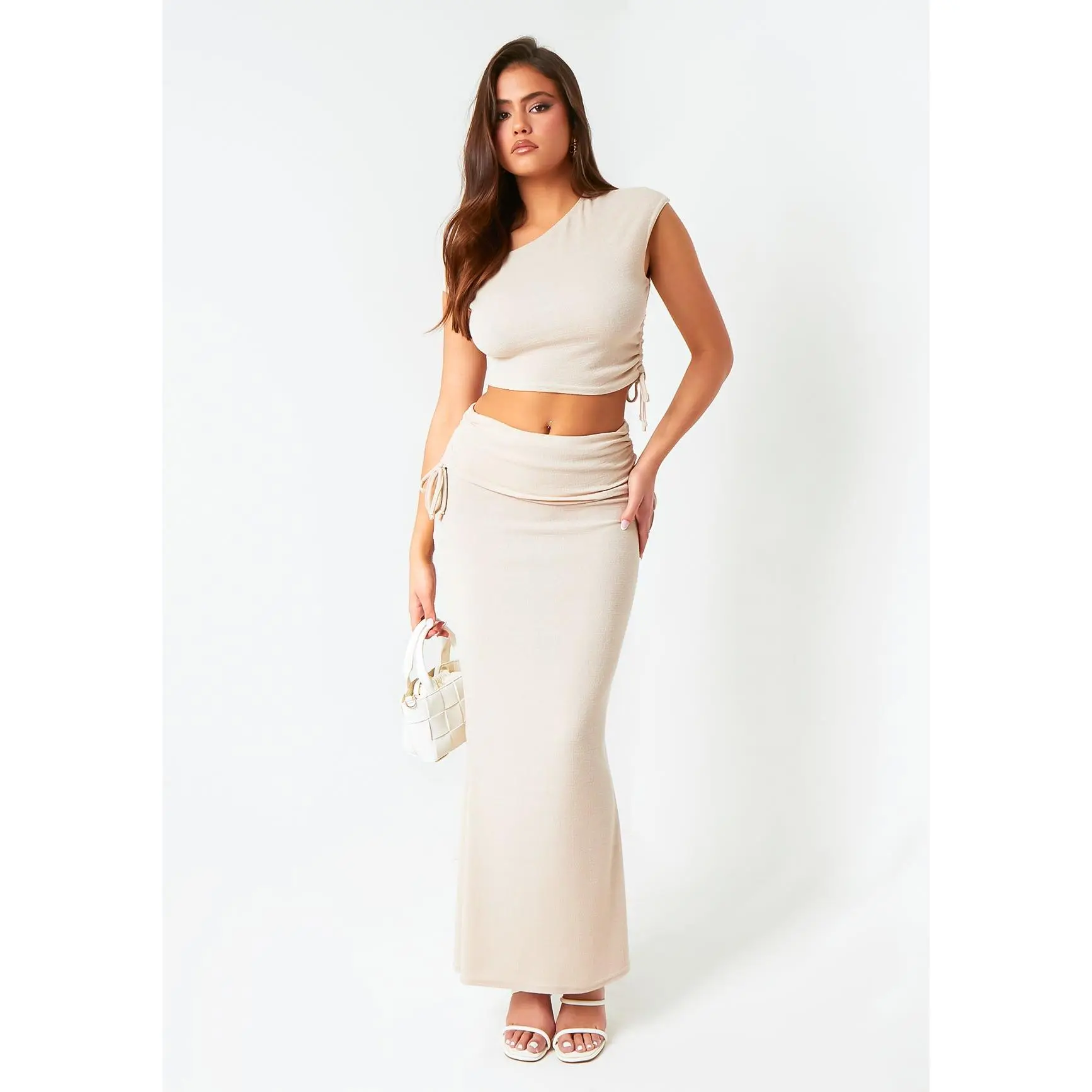 Grace Sand Ruched Fold Over Maxi Skirt