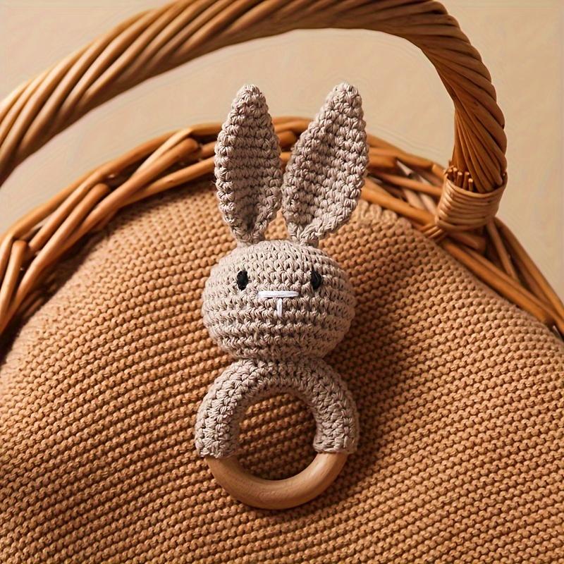 Product Introduction of Crochet Rabbit Baby Rattle, Cute Rabbit Grasping Toys, Baby Gnawable Wooden Hand Rattle, Hand Rattle Toy Gift Box, White Pink Blue Brown, with Christmas & Easter Gift 6