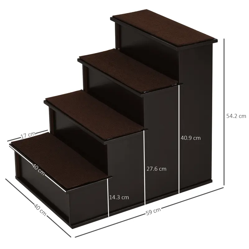 PawHut 4 Step Cushioned Pet Stairs Ramp Steps for Dogs, Cat Ladder for Bed Couch with Non-Slip Carpet, 40 x 59 x 54.2 cm, Dark Coffee 2