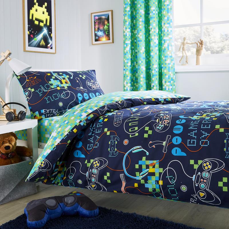 Reversible Gamer Duvet Cover Bed Set and Curtain Polycotton 1