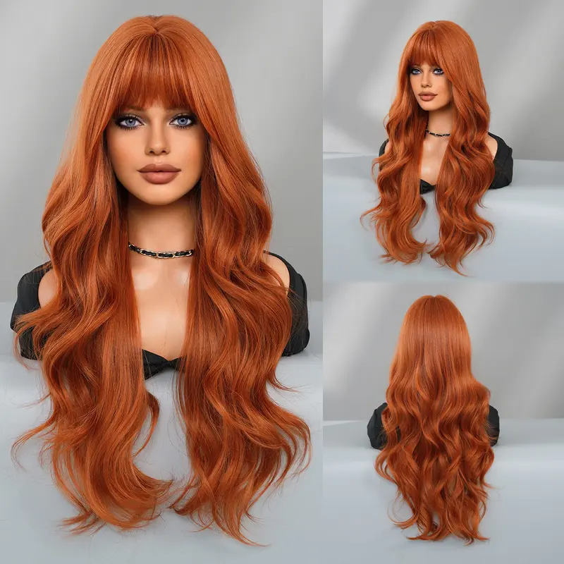 Orange Synthetic Wig Fashion Women Natural Air Bangs Big Waves Long Curly Hair Daily Party Use Full Head Cover 4