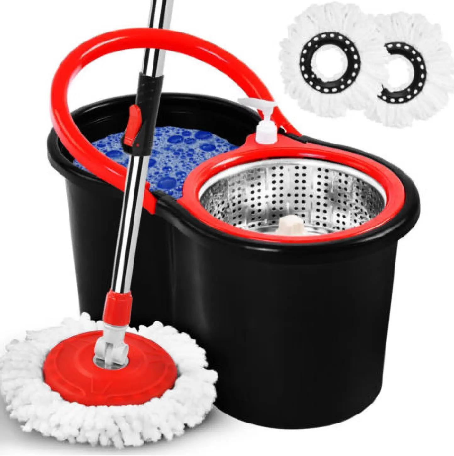 Household 360° Spin Mop And Bucket Set - Spin Mop And Bucket Set With 2 Replacement Mop Heads Cleaning Lightweight Microfiber Stainless Steel Adjustable Absorbent Hand Turbo Wooden