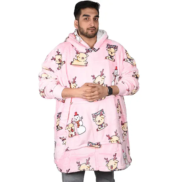 Mens Womens Oversized Pink Snowman Sherpa Fleece Blanket Hoodie jacket