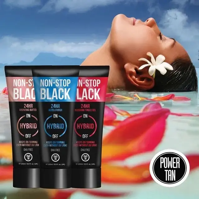 All 3 of the NON-STOP BLACK collection - 24HR BLUSHING TINGLE GEL ON HYBRID • KEEPS ON TANNING EVEN WITHOUT UV LIGHT  NON-STOP BLACK 24HR BRONZING BUTTER ON HYBRID OFF KEEPS ON TANNING EVEN WITHOUT UV LOH DHA FREE POWER 1HN 250ml/ Bronzer 0