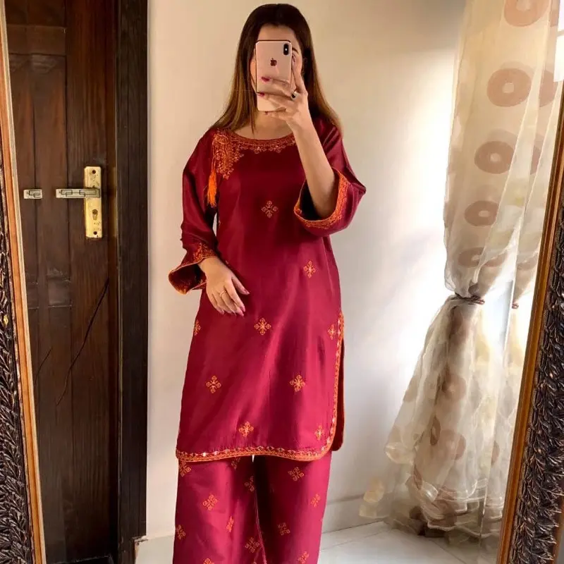 2 piece cord set in linen fabric Gul Rang (Stitched 2 Pcs) Winter Linen Blouchi Style Mirror Work Actual product color may vary slightly from the image.