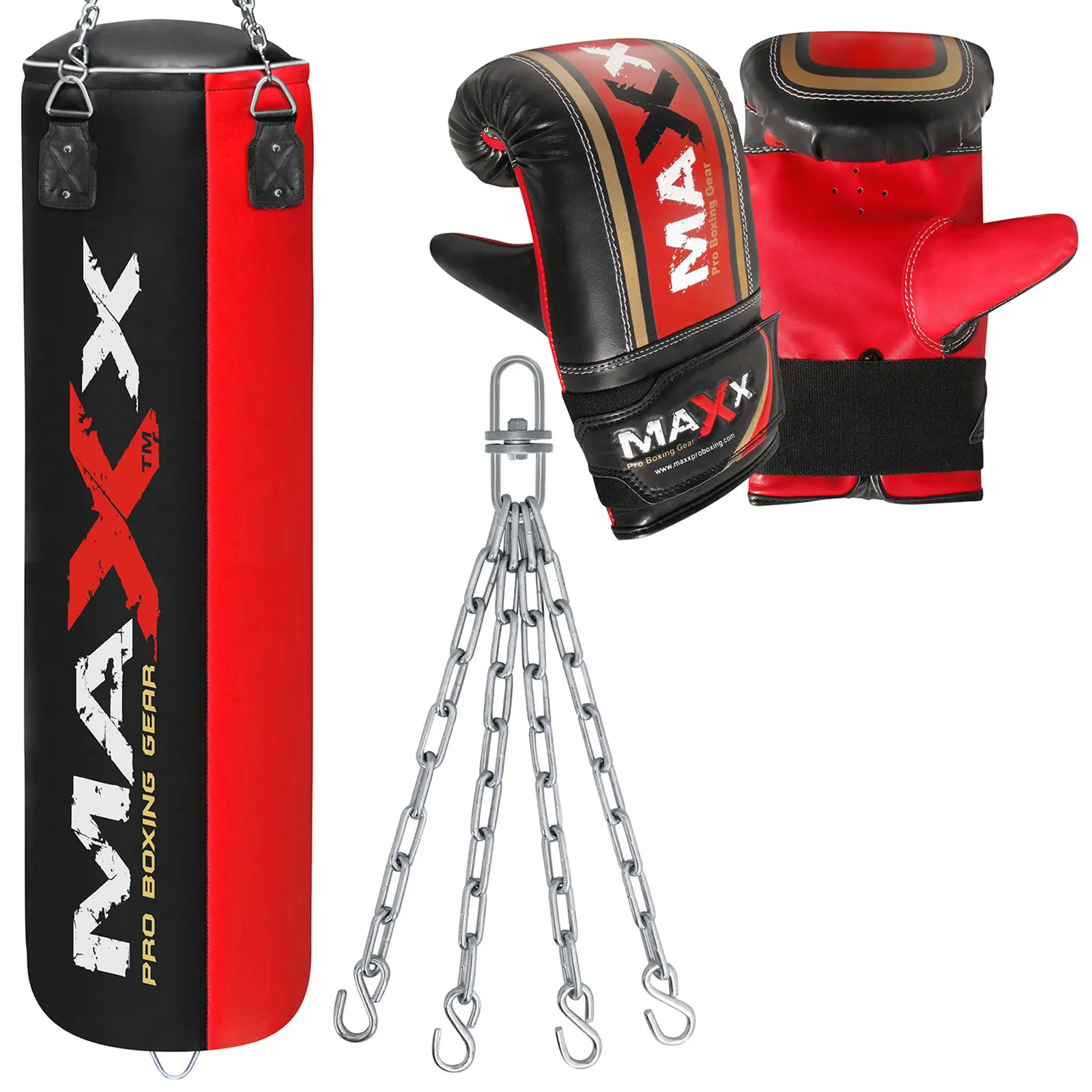 Maxx Pro Boxing Gear  Black / Red heavy Filled Hanging boxing  Punch bag in sizes 3ft 4ft 5ft   Boxing bag with Chain and  Bag mitts ready to use