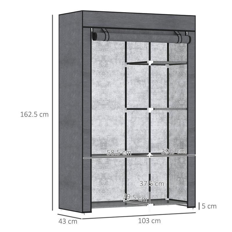 HOMCOM Fabric Wardrobe, Portable Wardrobe with 6 Shelves, 1 Hanging Rail, Foldable Closets, 103 x 43 x 162.5 cm, Dark Grey 4