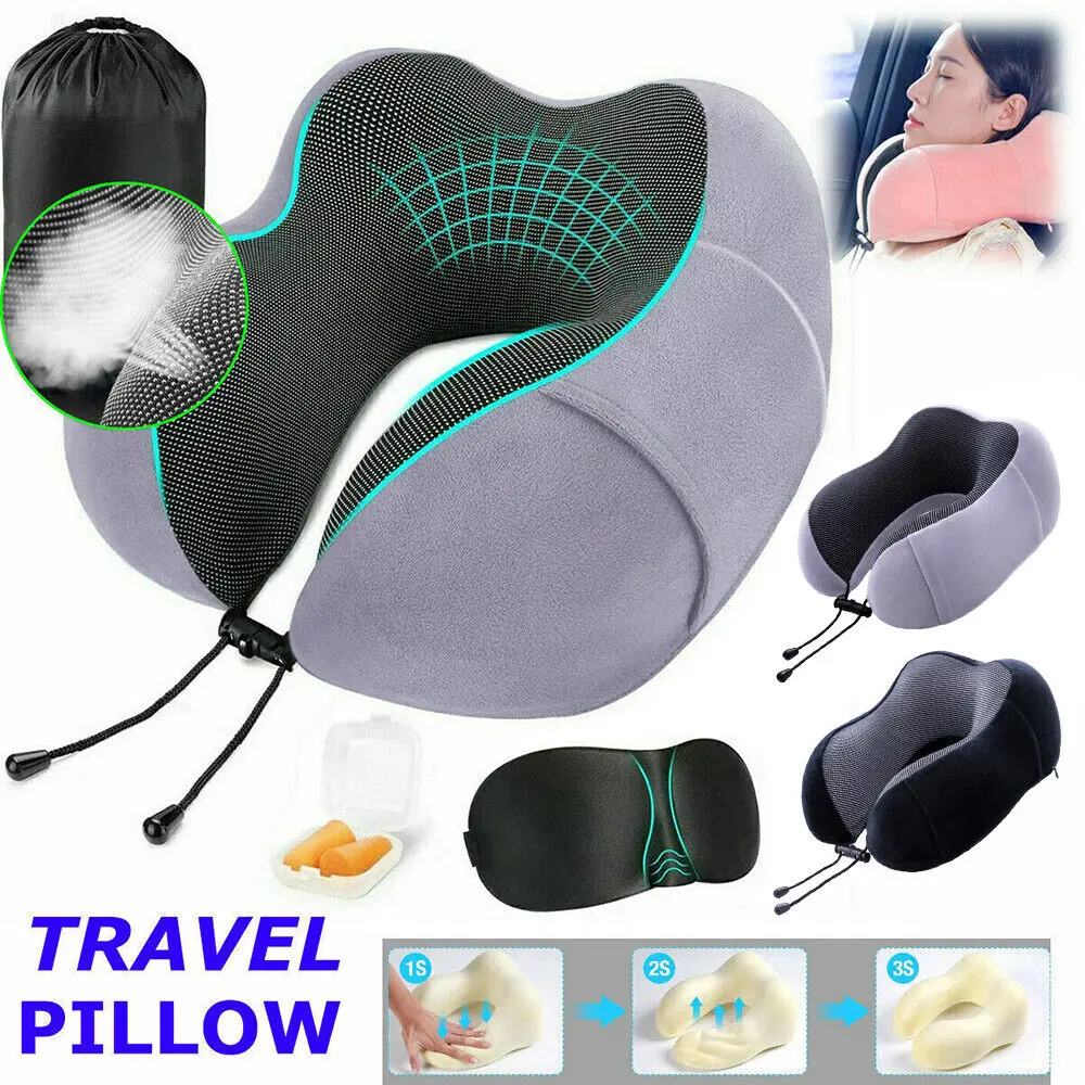 Memory Foam Travel Pillow Neck Support Cushion with Carry Bag and Ear Plugs Mask - UK