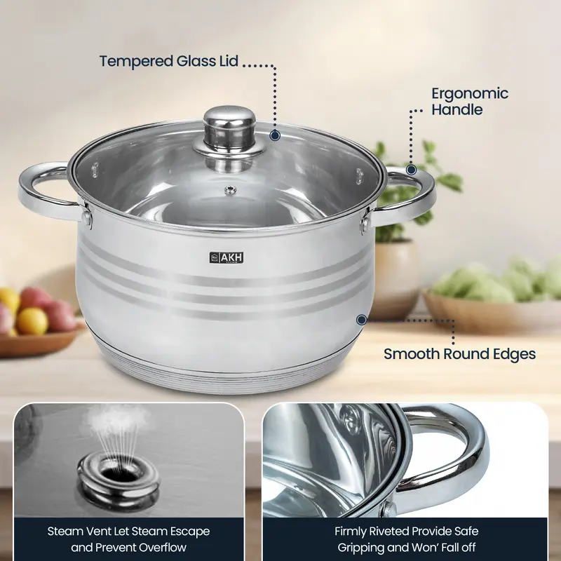AKH HOUSEWARE Stock Pot Casserole Dish Cooking Pot with Lid Set of 5-20/22/24/26/28cm Large Heavy Duty Stainless Steel Stockpot with Lid & Silver Mirror Coated Cookware Set (Set of 5) 4