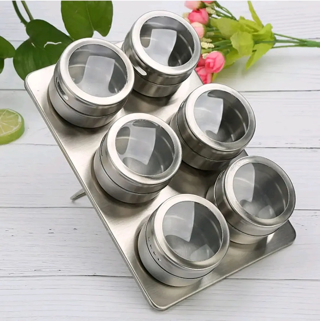 6pc magnetic spice jars with rack Kitchen Seasoning Metal Set Utensils Stainless Canister Tin
