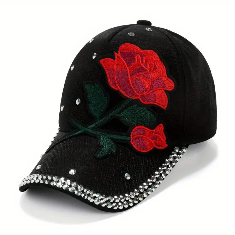 Red Rose Patch Baseball Cap Rhinestone Decor Y2K Sports Hat Lightweight Adjustable Dad Hats 3