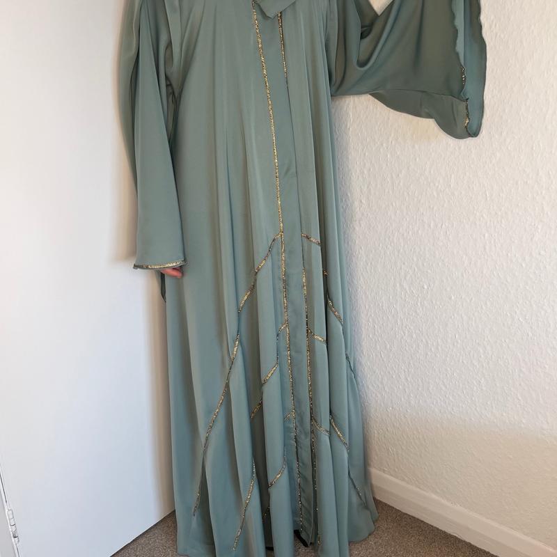 Ameerah Sage Green Abaya with Silver Diamanté Work party wear occasion Eid abayas classy 2
