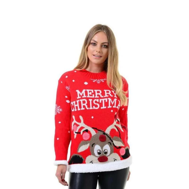 Womens Merry Christmas Print Long Sleeve Reindeer Pom Pom Jumper Sweatshirt Girls Xmas Party Wear Knitted Warm Pullover Novelty Sweater Top Knitwear 5
