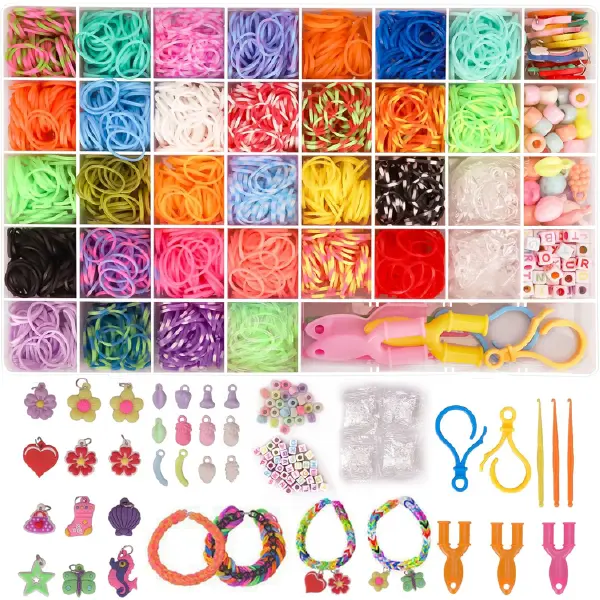 2500+ Rubber Bands,Loom Bands Kit, DIY Rubber Bands Set for Bracelet,22 pendant, 80 + Beads, 3 Crochet Hooks,  100 transparent S buckles, Gift for Boys Girls 0