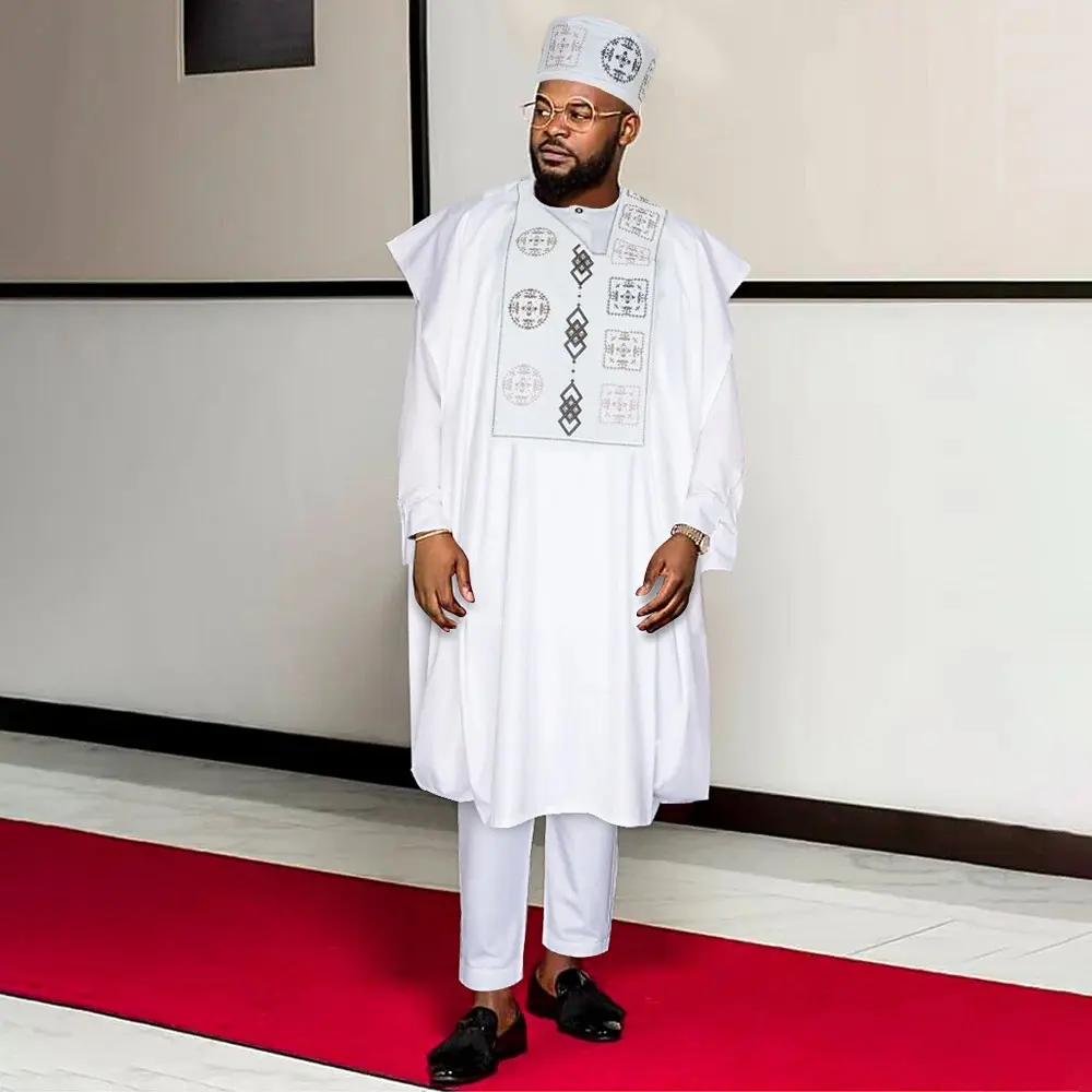 Authentic African 3 Piece Agbada - White - Long Sleeve - Cotton Blend - Clothing - African Clothing - African Wedding Suit - Kaftan
