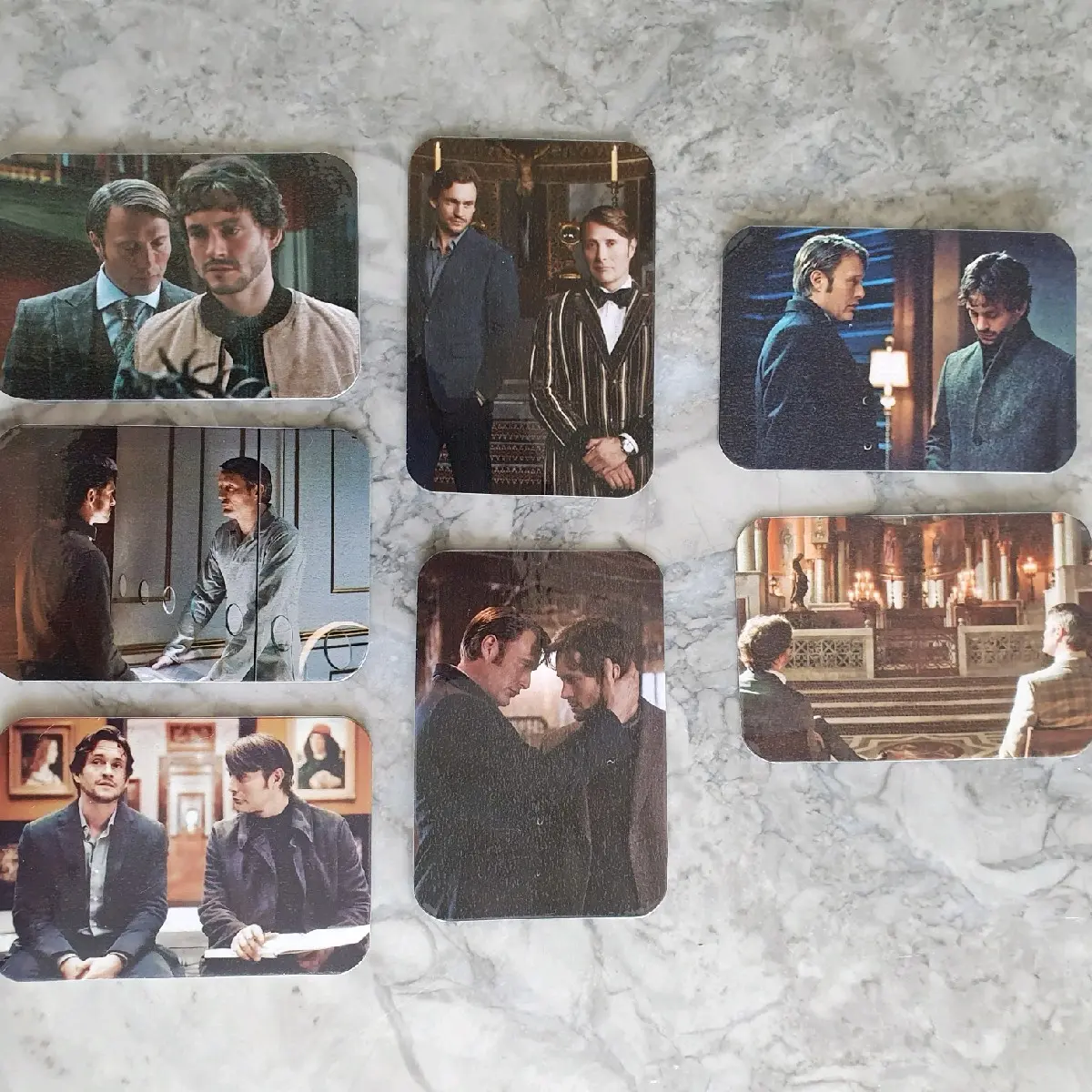 Hannibal Photocards set (7pcs) + 2 hannibal inspired badges - Mads Mikkelsen, Hugh Dancy