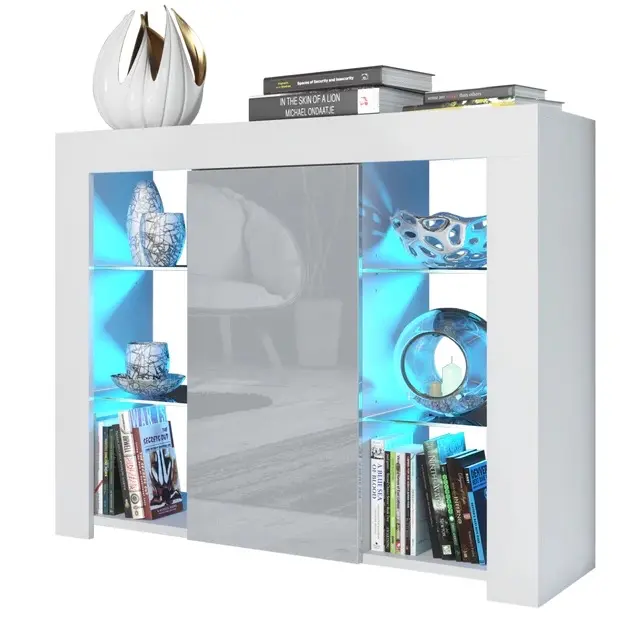 LED Sideboard Cabinet with 4 Glass Shelves - Grey Door storage unit upcycling furniture media builtin wardrobe room partition