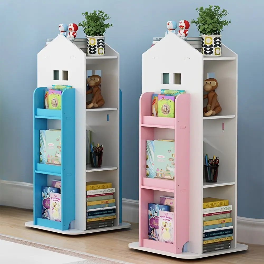 Acehome Kids' House Frame Rotating Bookshelf, 360° Spinning Storage Shelf, Castle-Shaped Bookcase for Children's Room & Playroom