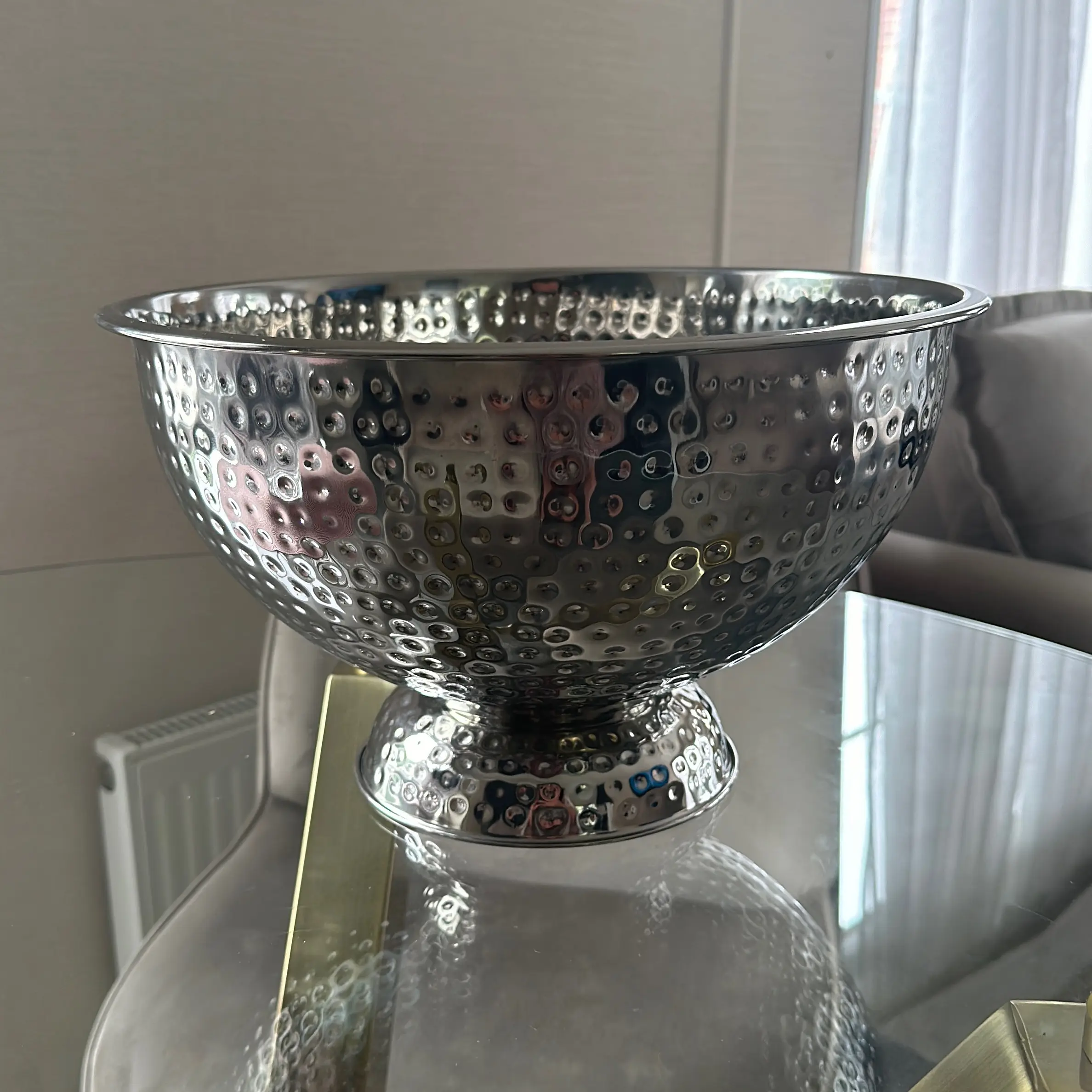 Stainless steel bowl with hammered design 34cm wide 20cm high