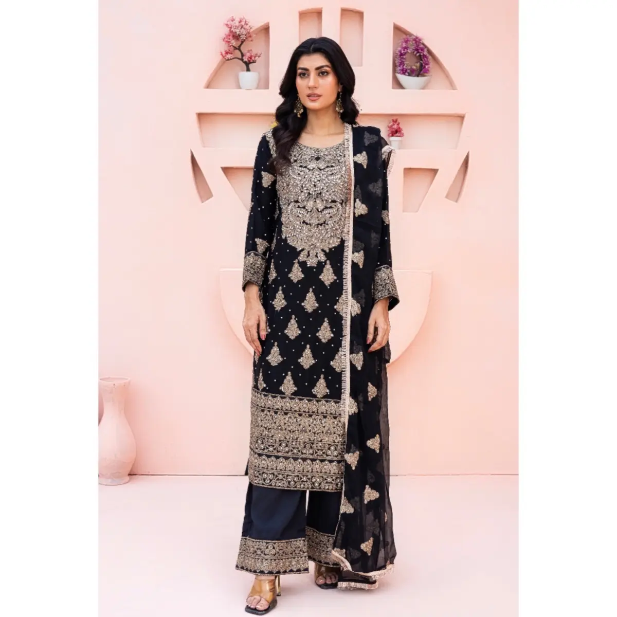 Doriya Chiffon Black Partywear 3pc Suit with Plazo - Lightweight and Breathable Fabric - Dress