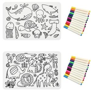 Sensory Junction 2 Pack Silicone Washable Colouring Placemat For Kids With Coloured Pens - Wipe Clean Reusable - Eco Friendly - Food Grade Silicone