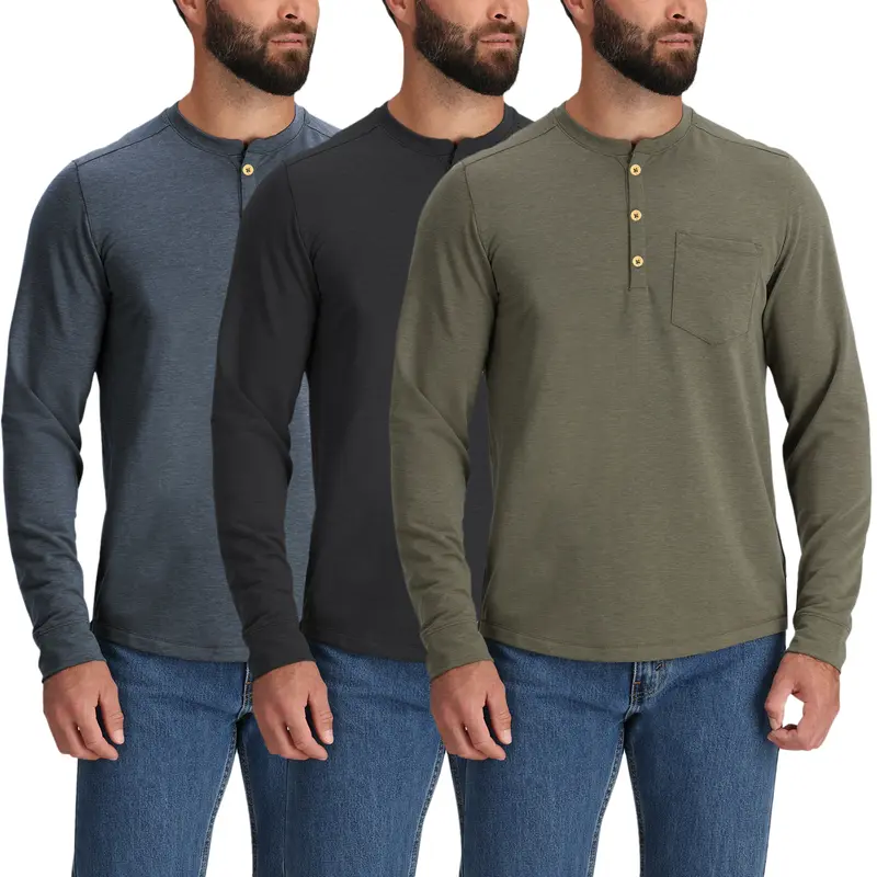 3 Pack Mens Henley T-Shirt Thermal Long Sleeve Waffle Knit Grandad Neck 3 Button Warm Winter Essential Classic Cotton 1