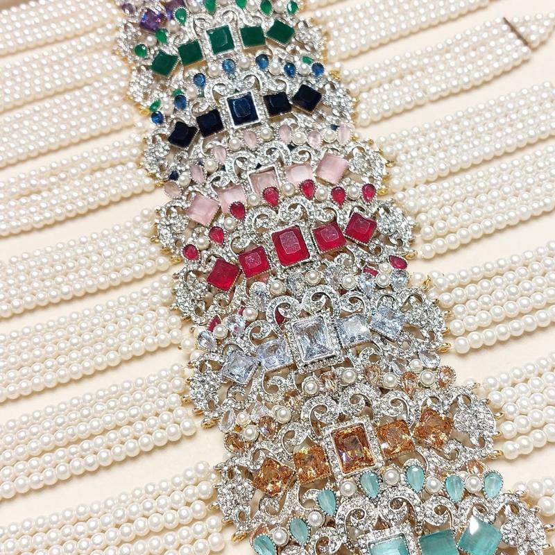 Zircon Choker Set with Real Stone MJB 045 - Bridal Set with Earrings,Tikka, and Pearls Bandhai Necklace 3