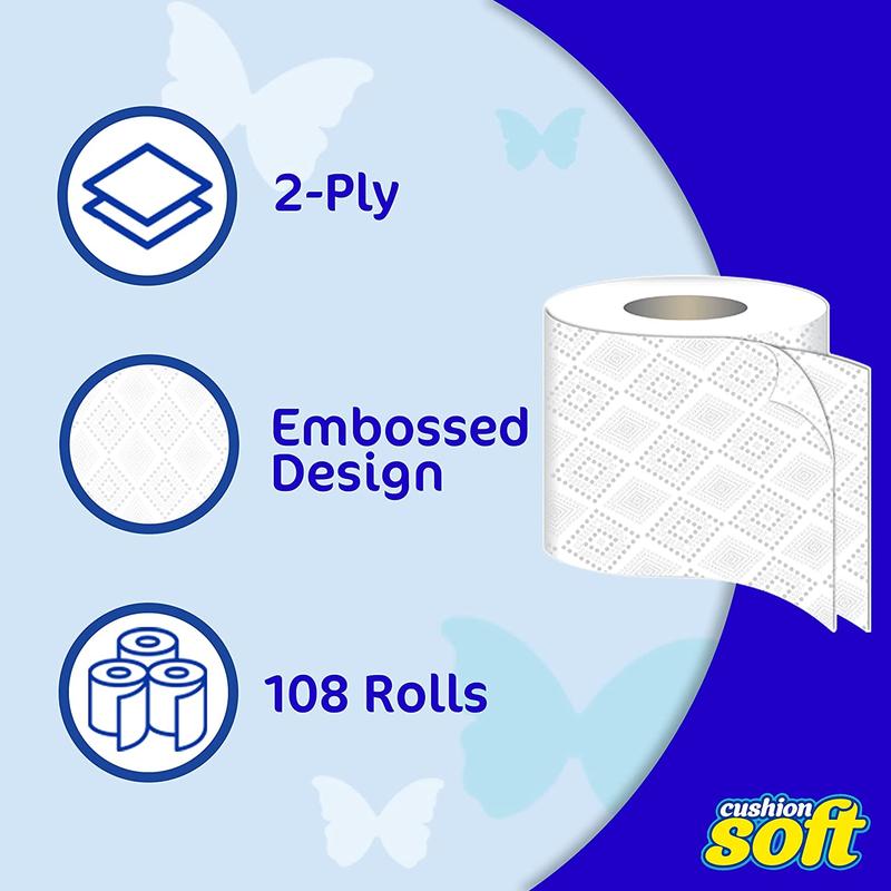108 Cushion Soft Toilet Rolls 2 Ply Tissue | Soft, Quilted, Embossed Toilet Paper Roll | Unbeatable Value Bulk Pack Sheets 1