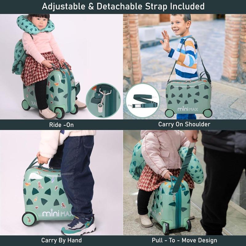 Aerolite MiniMax Childrens Ride-On Suitcase Fits 45x36x20cm Easyjet Maximum Size Kids Hand Luggage With Wheels 29L, Free Neck Pillow, Travel Bag & Stickers (Green) 4