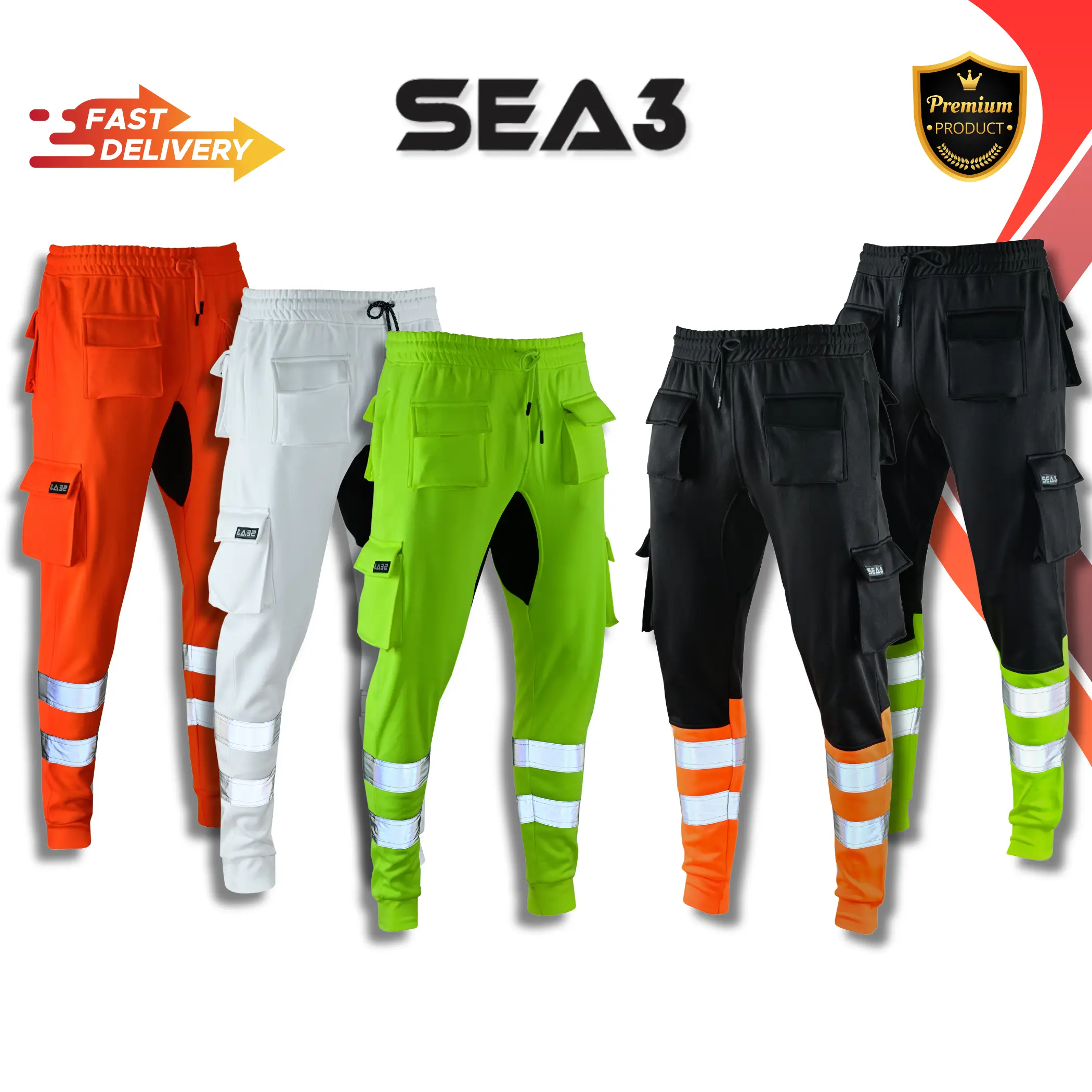 SEA3 Men's Fleece Cargo Trousers Joggers Pants Menswear Multi Pockets Bottoms