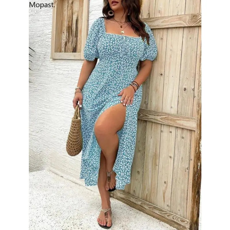 【Plus Size】 Ditsy Floral Print Split Thigh Dress, Boho Puff Sleeve Tie Front Sundresses, Maxi Dress, Summer Dresses 2024, Daily Wear Ella Thomas Coming Home Outfit, Wedding Guest College Dress Hide Tummy Black Party Dresses, UK Green Dress Lady 2