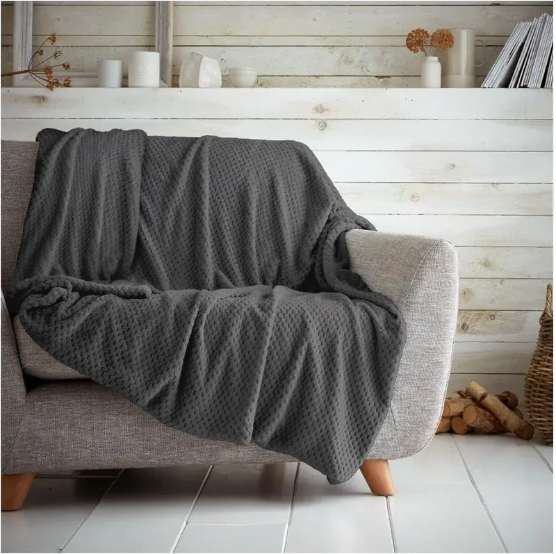 GC GAVENO CAVAILIA Luxury Popcorn Honey Comb Sofa Bed Blanket, Easy Care Super Soft & Warm Fluffy Settee Waffle Throw, Charcoal, 130X150,651123 0