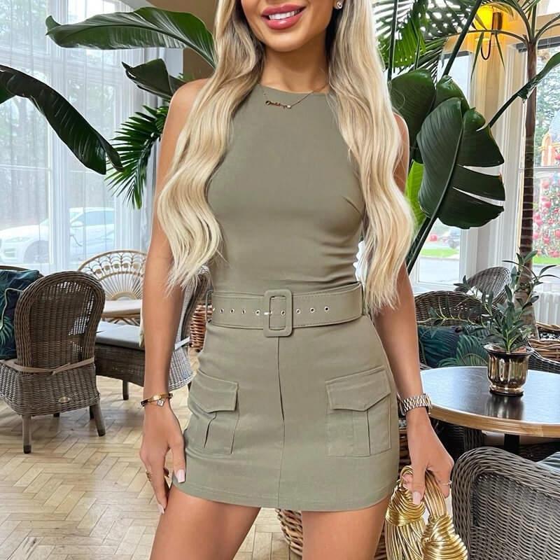 Womens Belted Dress  Playsuit Ladies Combat Cargo Pocket Sleeveless Scoop Neck Short Mini Bodycon Party Dress Comfortable Elegant Womenswear v neck plain 1