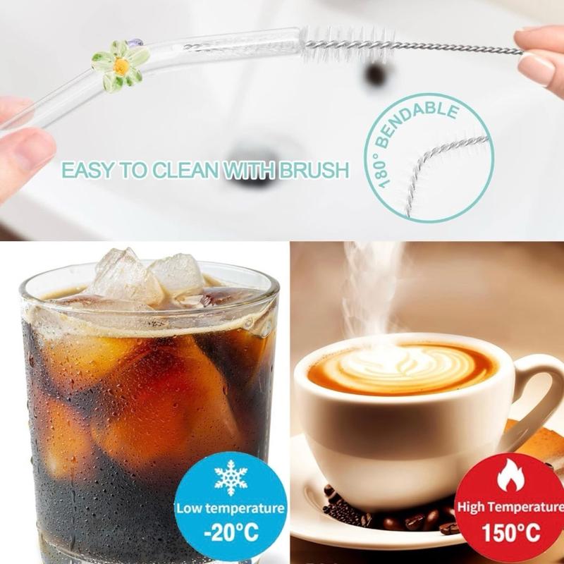 6pcs Heart, Flower & Mushroom Reusable Glass Straws with 2 Cleaning Brushes Shatter Resistance Eco Friendly (20cm) Drinkware 3