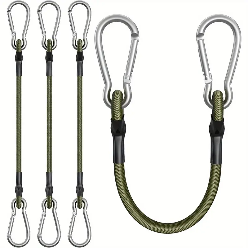 4pcs Heavy Duty Bungee Cords with Carabiner Hooks – 12 Inch Flexible Elastic Rope for Camping, Luggage, Cargo & More – Green, Black, Gray, White Straps with Metal Hooks, Durable and Versatile for Securing Loads, Travel Bag Strap Bungees 0