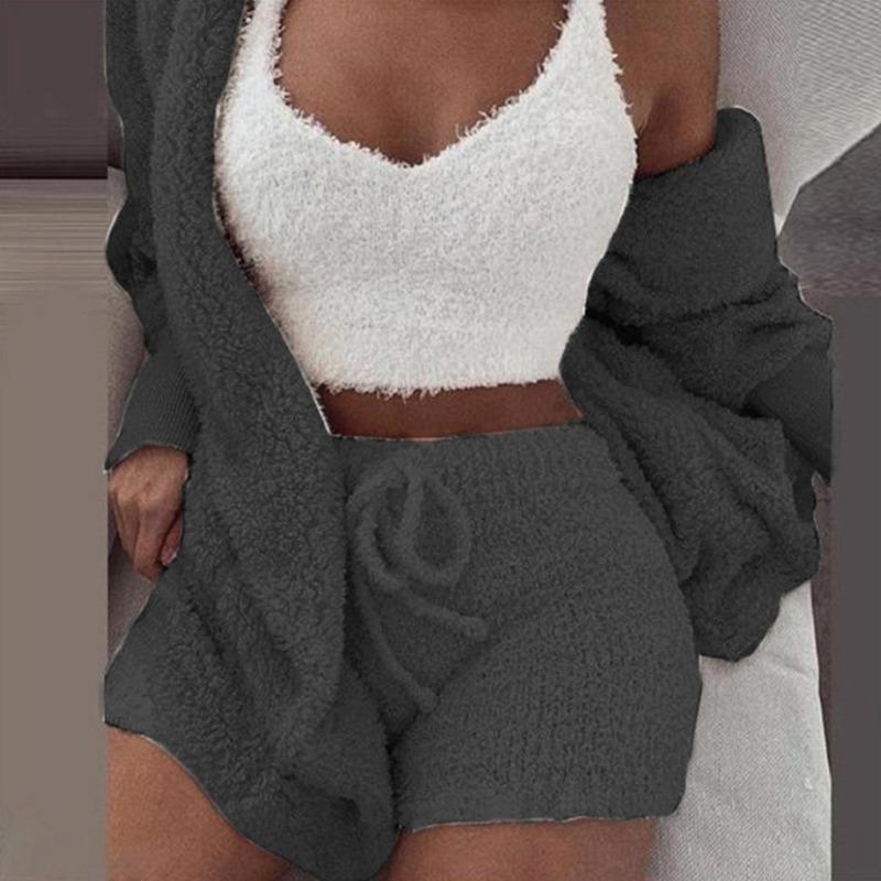 2024 New Winter Women's Velvet Pajamas Set Crop Top+Long Pants+Coat 3 Pieces Suit Warm Soft Fleece Homewear Pyjamas S-3XL 6