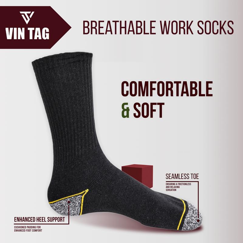 VIN TAG Men's Heavy Duty Work Socks, Professional Mens Socks with Reinforced Heel and Toe Protection for Extra Support and Comfort Cotton Men's Socks Pack of  3,6,9 AND 12  Polyester Fabric Menswear Breathable Day Stretch Thick Cap Layer Yellow Grey 4