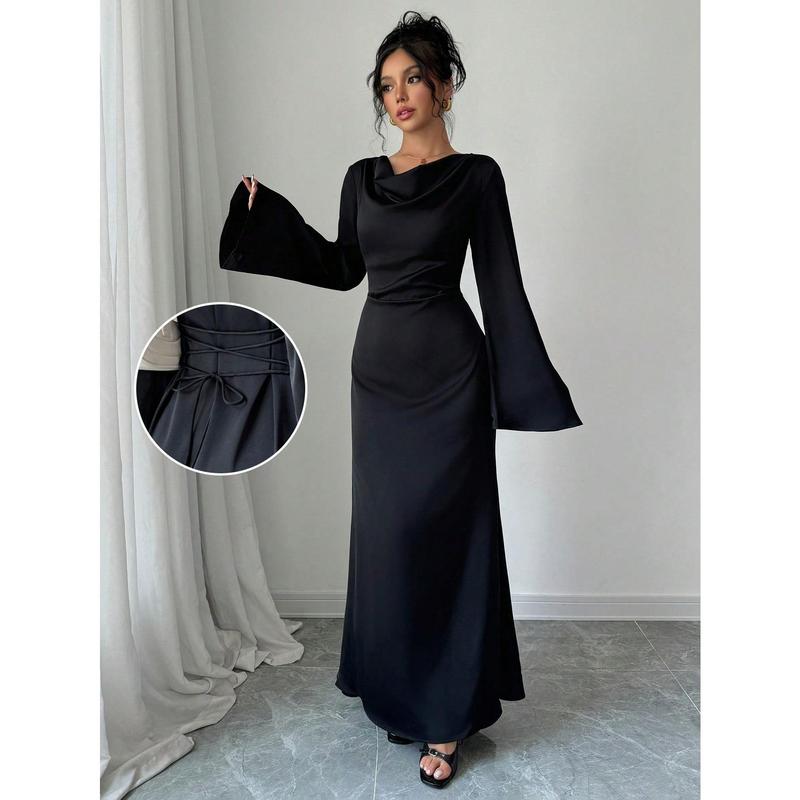 PETITE 1pc Women's Satin Solid Color Long Flare Sleeves & Back Tie Elegant & Romantic Mermaid Hem Dress, Petite 0