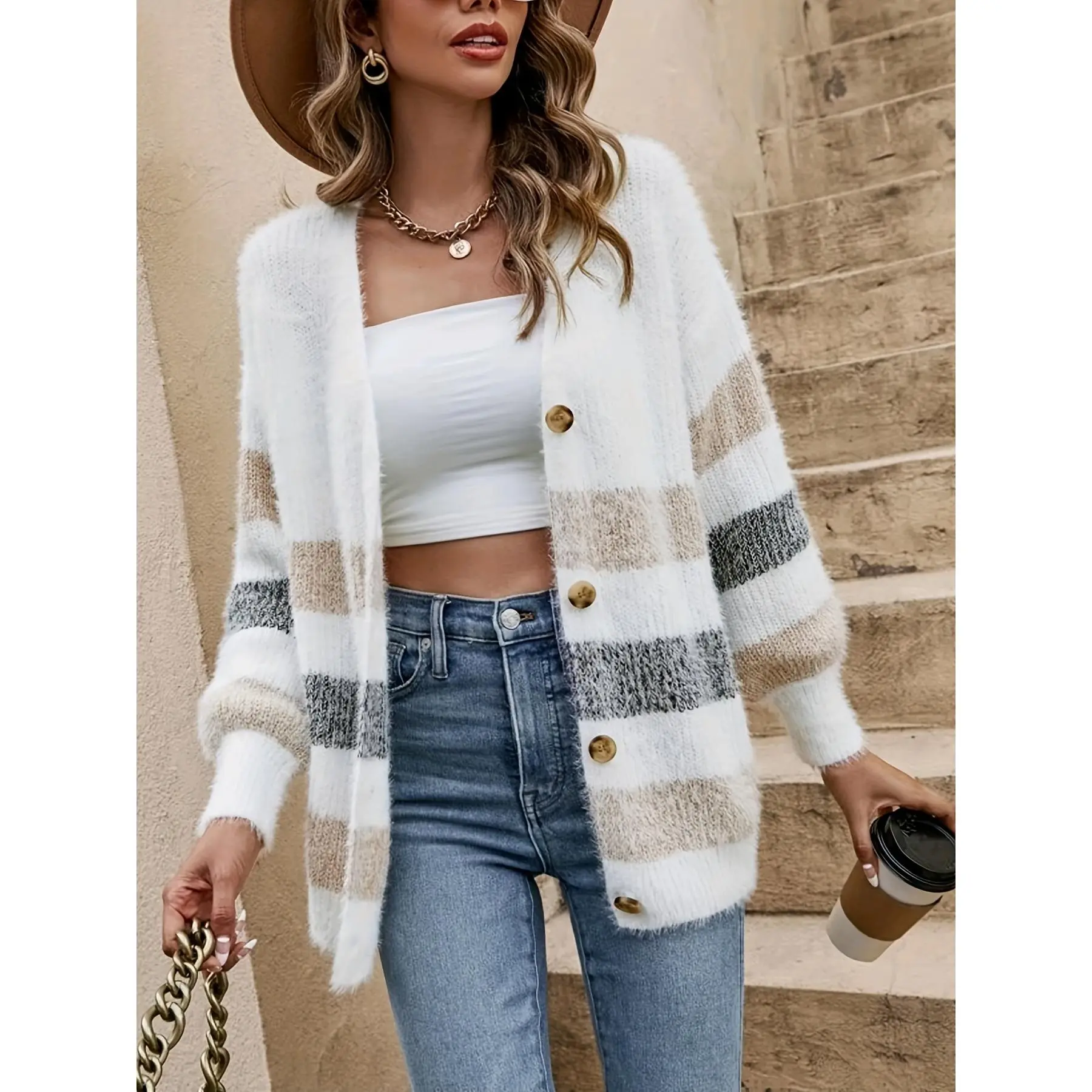 Color Block Button Down Knit Cardigan, Casual Long Sleeve V Neck Sweater, Women's Clothing
