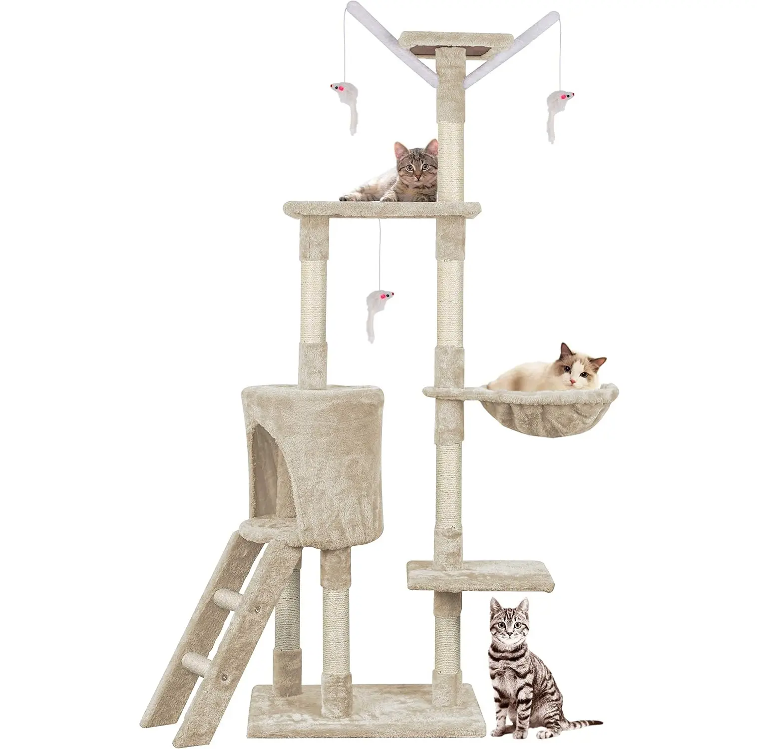 Cat Tree, 143cm Cat Scratch Posts Multi-Level Stable Cat Climbing Tower Cat Activity Trees with Ladder, Indoor Pet Activity Furniture Play House for Kitty Kitten (Beige)