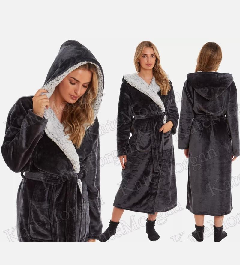 Product Introduction of LADIES DRESSING GOWN SOFT AND COSY HOODED WARM FLEECE ROBE NEW Sizes 8 - 22 Loungewear Womenswear Long Sleeve Nightwear Comfort Basic Minimalist towel dressinggown Winter 4