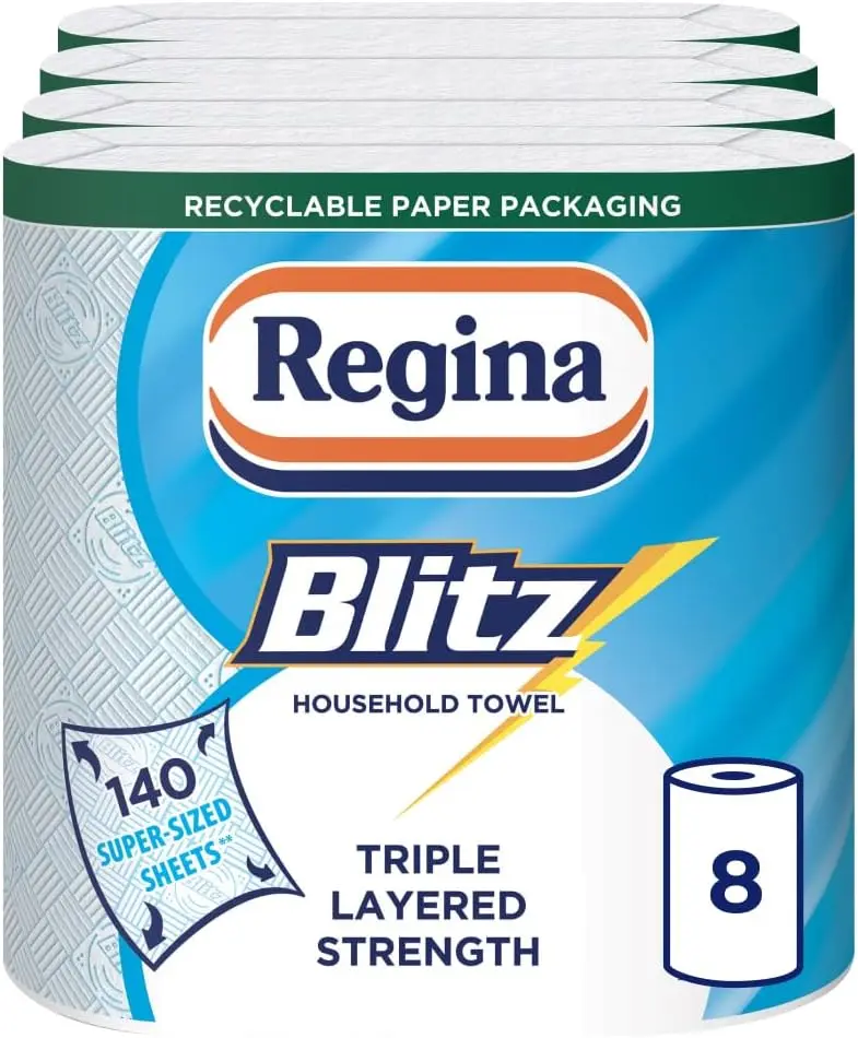Regina Blitz Household Towels – 8 Triple Layered Rolls, 140 Sheets Per Roll, Paper Packaging, FSC Certified Paper, Recyclable Packaging, 60% Larger Than Standard Kitchen Roll Sheets