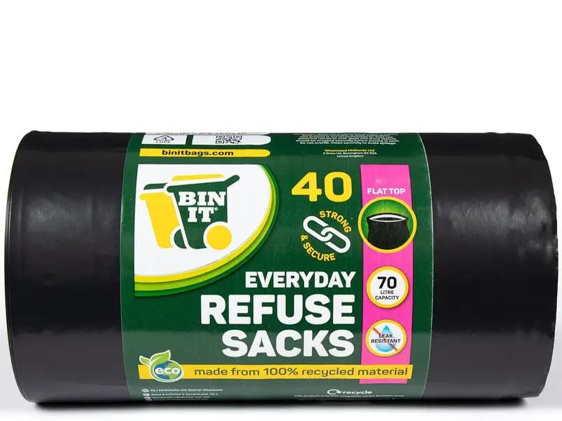 BIN IT 40 Everyday 70L Strong & Secure, Refuse Sacks, Bin Bags, Bin Liners, Flat Top, Recycled, Tear Resistant, 30 μm, Perfect for Everyday Use, Household, Office, Kitchen & Caterers 0