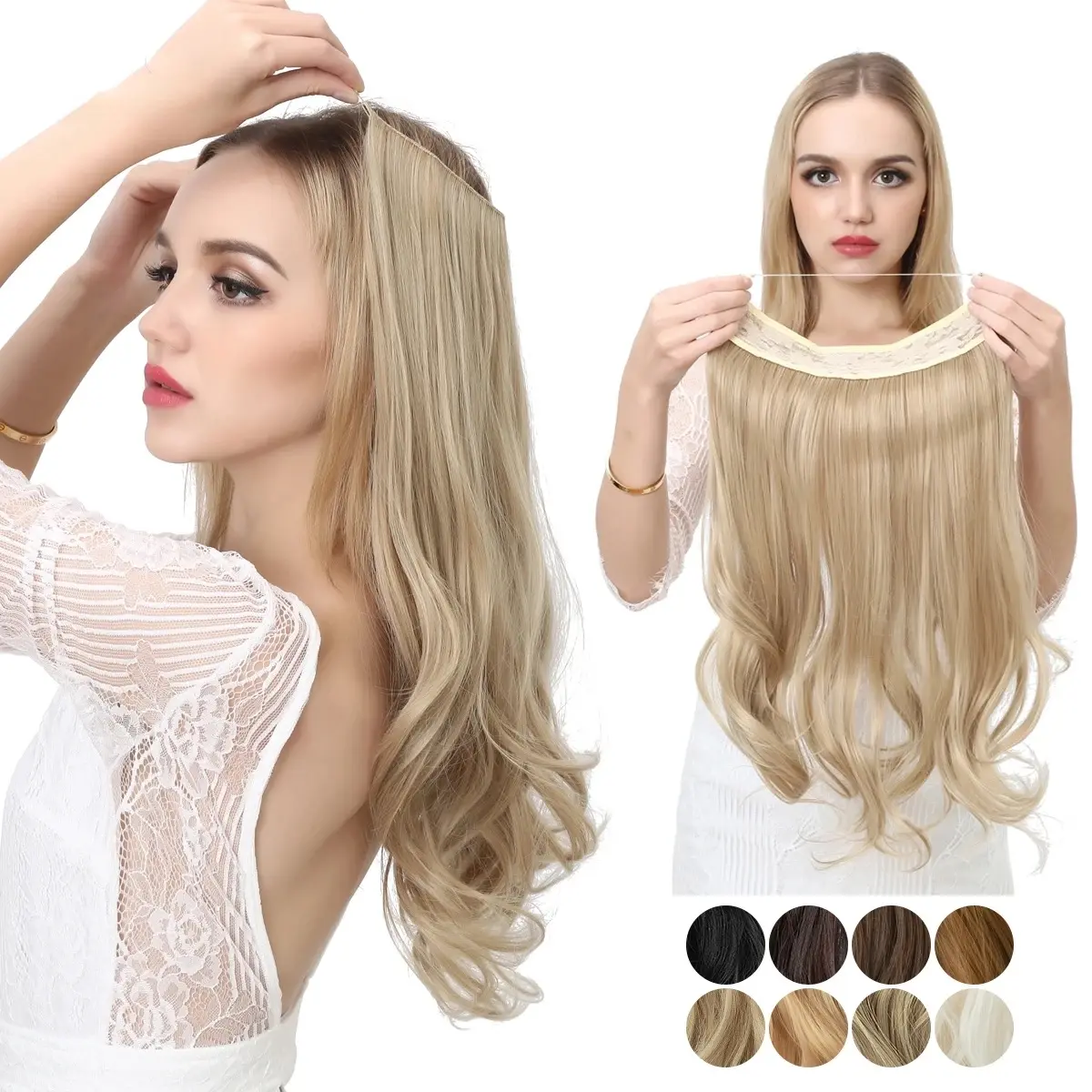 14" Synthetic No Clip Wave Hair Extensions Ombre Natural Black Blonde Pink One Piece False Hairpiece Fish Line Fake Hair Piece
