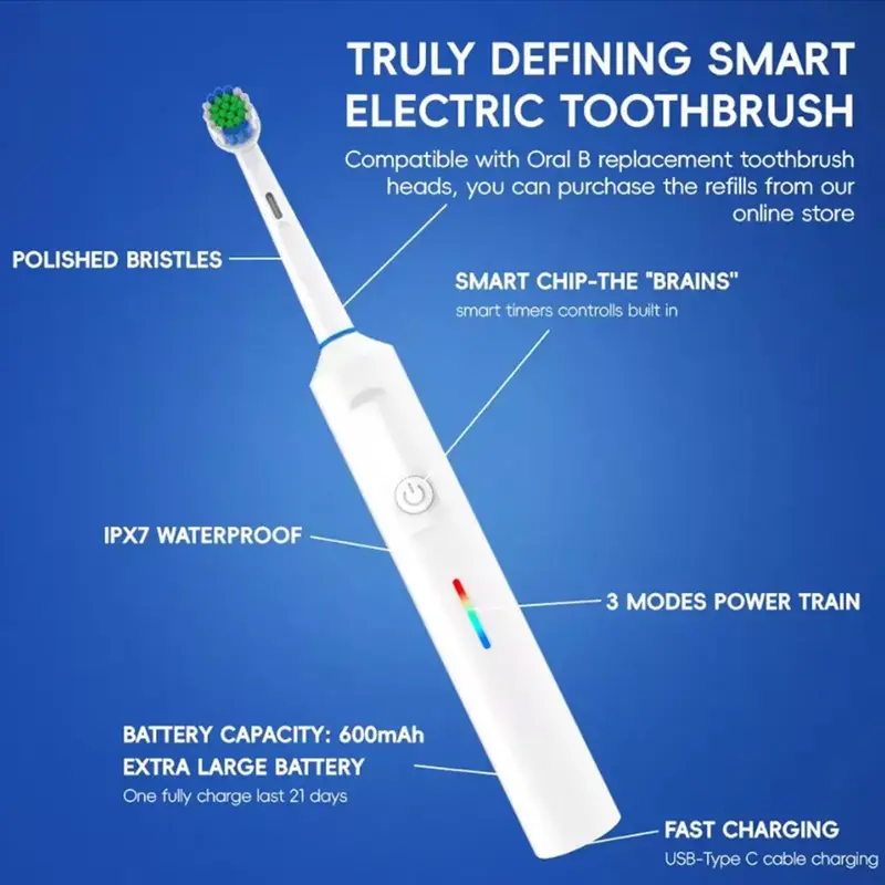 Toothbrush Electric Rechargeable Pro Rotating Brush Heads Timer Modes Usb 7