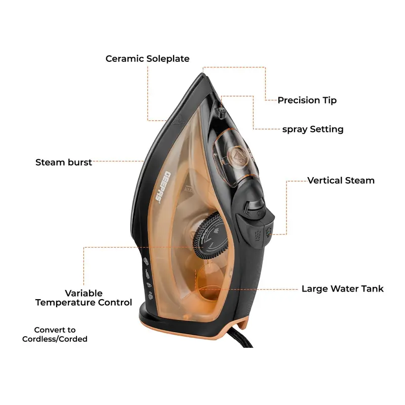 Steam Iron 1800W Non-Stick Soleplate Dry/Steam Iron Adjustable Temperature Gold 6