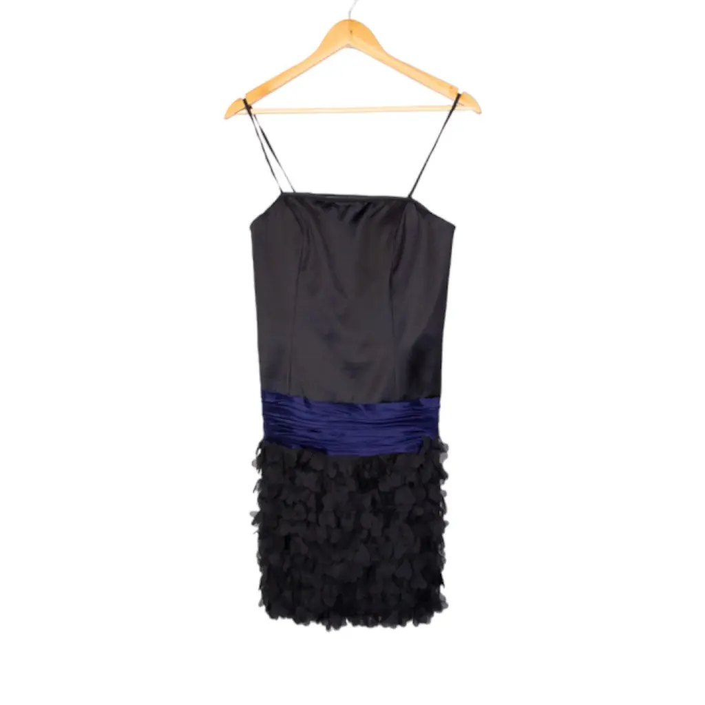Black Satin Dress with Navy Sash