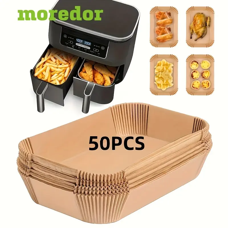 50/100/150/200pcs Air Fryer Disposable Paper Liners Rectangle, Non-Stick Parchment Baking Paper For Ninja Dual Air Fryer, Air Fryer Accessories, Oil Proof & Waterproof Kitchen Accessories, Baking Supplies