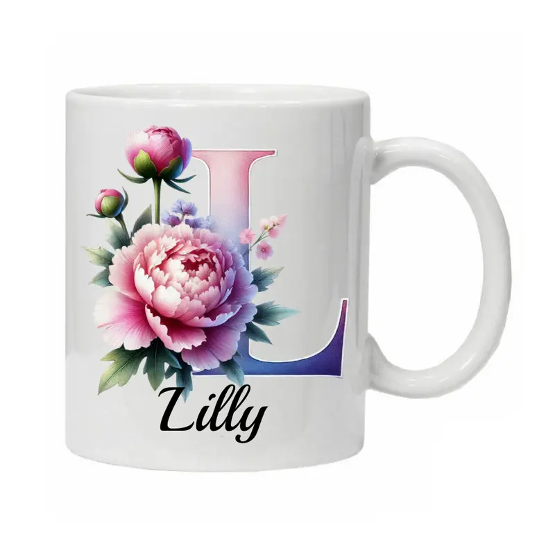 Personalised Mug Cup Peonies Beautiful Floral Initial Name Tea Coffee Boxed Gift Gifts for Her Peony Flowers 5