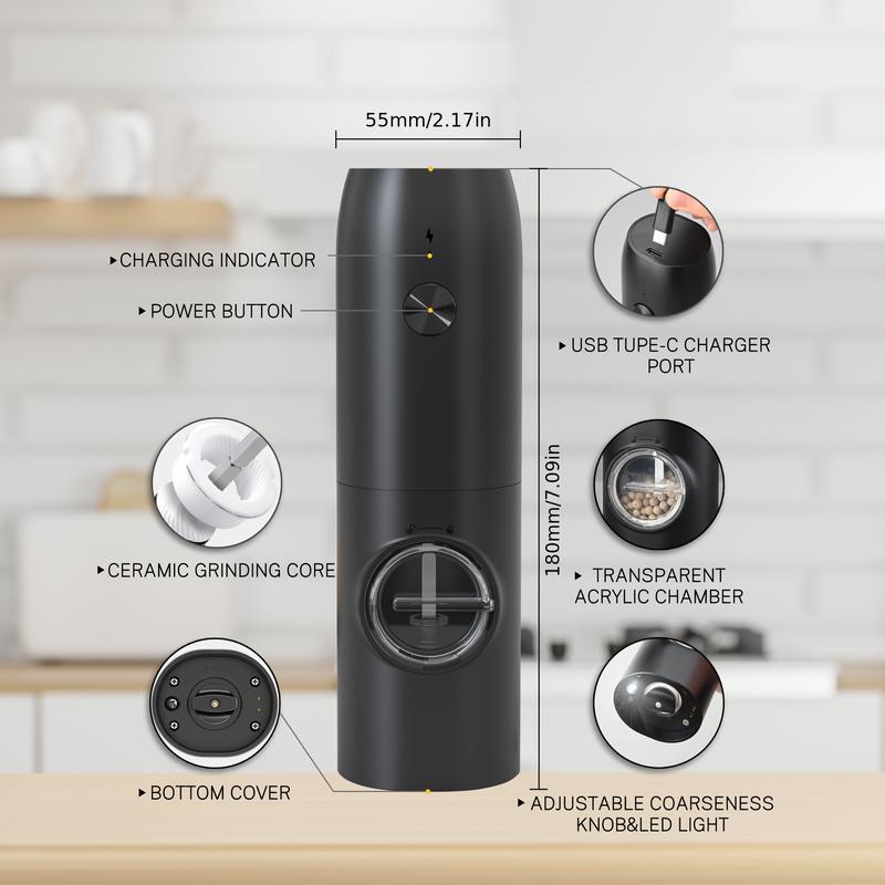 Rechargeable Electric Pepper and Salt Grinder Set, Automatic Pepper Grinder, with Charging Base, USB Cable, LED Light, Adjustable Coarseness, Single-Handed Automatic Operation, Black 2pcs 3